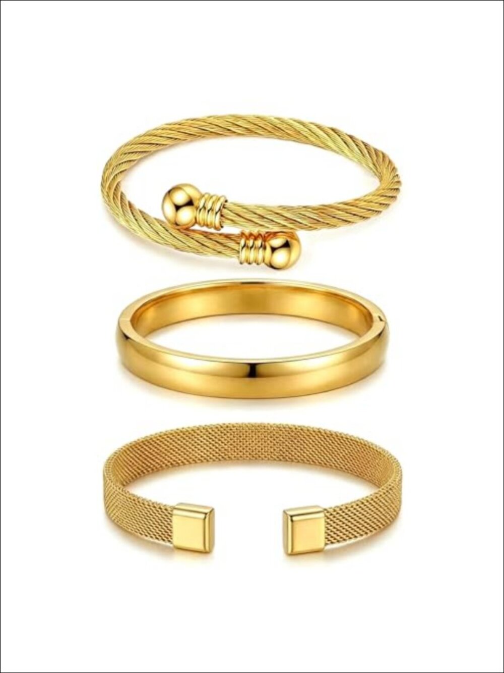 18K Gold Plated Stainless Steel Cuff Bracelet Set, Stackable Waterproof